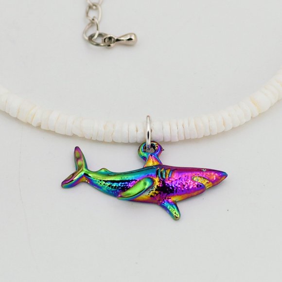 Rainbow Shark Puka Shell Anklet, Adjustable, White 3-4mm Shell Beads, 9" to 12" - Picture 4 of 4